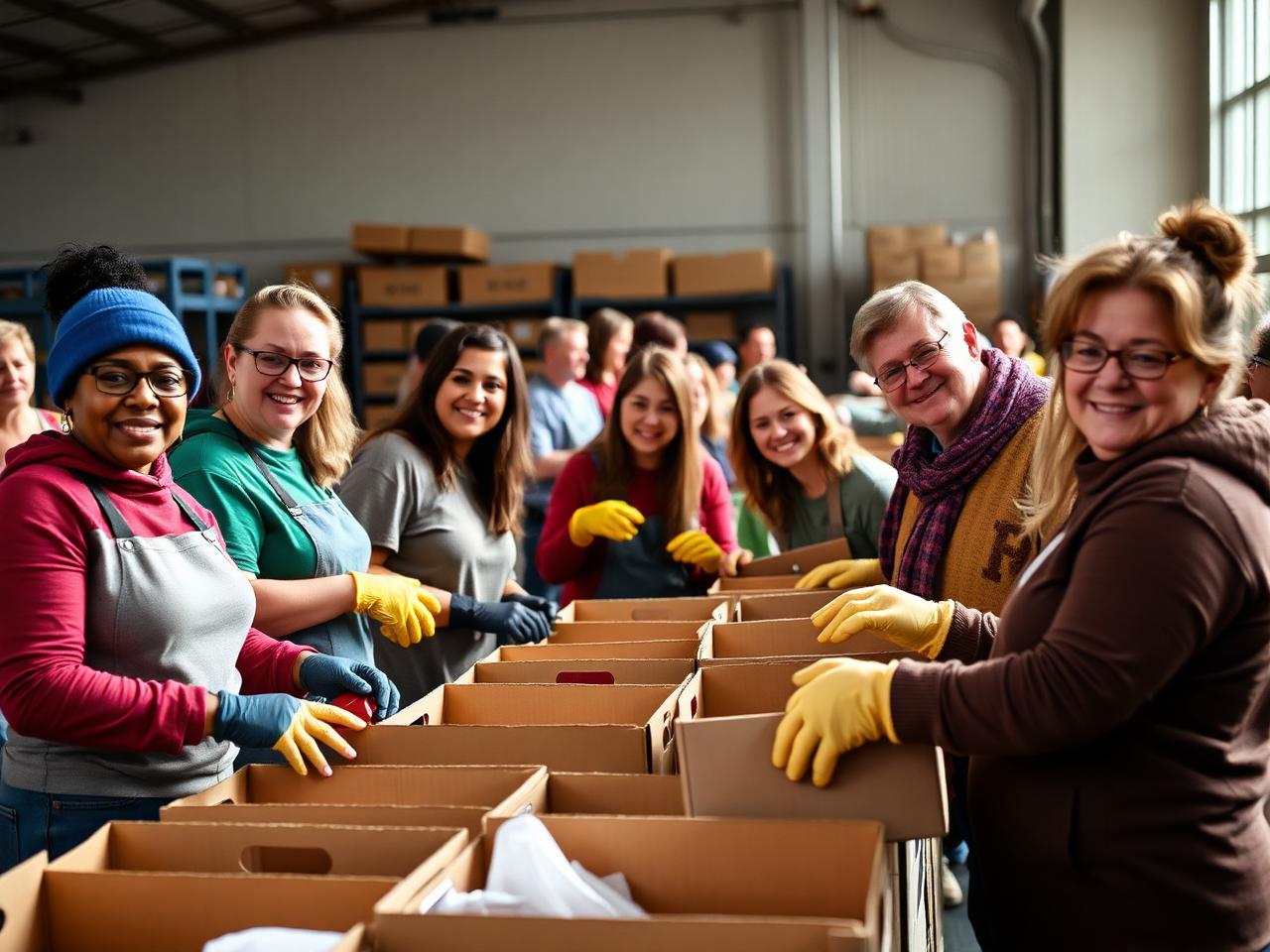 Smiling volunteers in work gloves sorting donation boxes at a community food bank