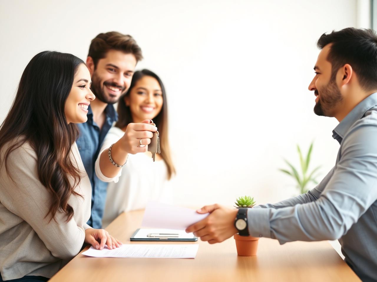 A family receiving house keys and shaking hands at a closing table